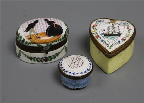 A South Staffordshire patch box, enamelled with a ship and two others